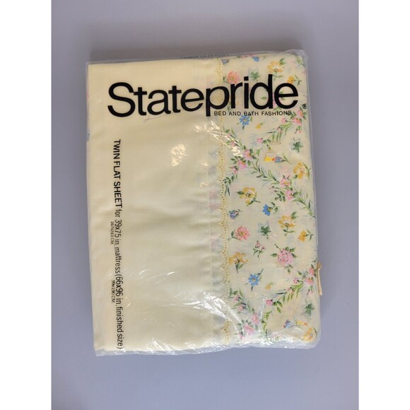 VTG NOS Statepride Twin Flat Bed Sheet Floral Yellow Pink Blue Scalloped Edge - Picture 1 of 6